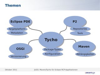 Themen



     Eclipse PDE
     Eclipse PDE                                              P2
                                                              P2

   Targetplatform
   Targetplatform                                              Repositories
                                                               Repositories
     Metadaten
     Metadaten                                                     Tools
                                                                   Tools

                                Tycho
                                Tycho
                                                                       Maven
                                                                       Maven
           OSGi
           OSGi                Package-Typen
                               Package-Typen
                                Konfiguration
                                Konfiguration                     Abhängigkeiten
                                                                  Abhängigkeiten
     Versionierung
     Versionierung




Oktober 2011         JUGS: Maven/Tycho für Eclipse RCP-Applikationen
 