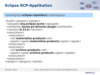 P2
                                                                                    P2
                                                                     PDE
                                                                     PDE
Eclipse RCP-Applikation                                                     Tycho
                                                                            Tycho
                                                                                    Maven
                                                                                    Maven
                                                                     OSGi
                                                                     OSGi




<packaging>eclipse-repository</packaging>

<build><plugins><plugin>
 <groupId>org.eclipse.tycho</groupId>
 <artifactId>tycho-p2-director-plugin</artifactId>
 <version>0.13.0</version>
 <executions>
  <execution>
   <id>materialize-products</id>
   <goals><goal>materialize-products</goal></goals>
  </execution>
  <execution>
   <id>archive-products</id>
   <goals><goal>archive-products</goal></goals>
  </execution>
 </executions>
</plugin></plugins></build>


Oktober 2011       JUGS: Maven/Tycho für Eclipse RCP-Applikationen
 
