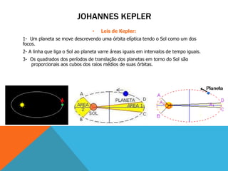 JOHANNES KEPLER
                                 •   Leis de Kepler:
1- Um planeta se move descrevendo uma órbita elíptica tendo o Sol como um dos
focos.
2- A linha que liga o Sol ao planeta varre áreas iguais em intervalos de tempo iguais.
3- Os quadrados dos períodos de translação dos planetas em torno do Sol são
   proporcionais aos cubos dos raios médios de suas órbitas.
 