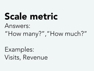 Efficiency metric 
Answers: 
“What percentage?”, “How 
productive? 
Examples: 
Conversion rate, Open rate, 
Clickthrough r...