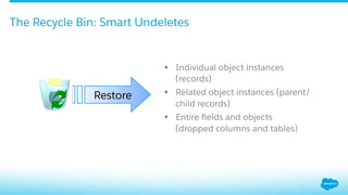 The Recycle Bin: Smart Undeletes
Restore
§  Individual object instances
(records)
§  Related object instances (parent/
c...