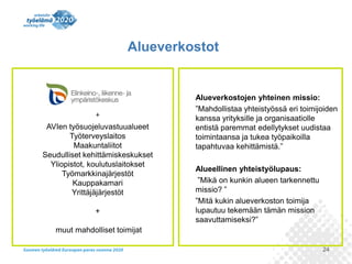 24
Alueverkostot
Alueverkostojen yhteinen missio:
”Mahdollistaa yhteistyössä eri toimijoiden
kanssa yrityksille ja organisaatiolle
entistä paremmat edellytykset uudistaa
toimintaansa ja tukea työpaikoilla
tapahtuvaa kehittämistä.”
Alueellinen yhteistyölupaus:
”Mikä on kunkin alueen tarkennettu
missio? ”
”Mitä kukin alueverkoston toimija
lupautuu tekemään tämän mission
saavuttamiseksi?”
+
AVIen työsuojeluvastuualueet
Työterveyslaitos
Maakuntaliitot
Seudulliset kehittämiskeskukset
Yliopistot, koulutuslaitokset
Työmarkkinajärjestöt
Kauppakamari
Yrittäjäjärjestöt
+
muut mahdolliset toimijat
 