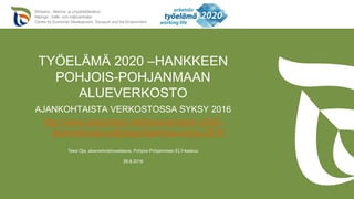 TYÖELÄMÄ 2020 –HANKKEEN
POHJOIS-POHJANMAAN
ALUEVERKOSTO
AJANKOHTAISTA VERKOSTOSSA SYKSY 2016
http://www.slideshare.net/teeaoja/tyelm-2020-
alueverkosto-pohjoispohjanmaa-syksy-2016
26.8.2016
Teea Oja, alueverkostovastaava, Pohjois-Pohjanmaan ELY-keskus
 