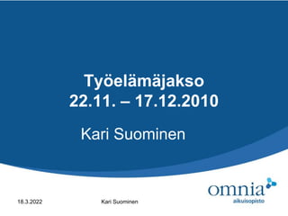 Työelämäjakso
22.11. – 17.12.2010
Kari Suominen
18.3.2022 Kari Suominen
 