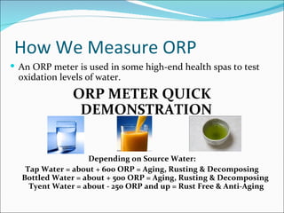 How We Measure ORP
 An ORP meter is used in some high-end health spas to test
  oxidation levels of water.
               ORP METER QUICK
                DEMONSTRATION


                   Depending on Source Water:
   Tap Water = about + 600 ORP = Aging, Rusting & Decomposing
  Bottled Water = about + 500 ORP = Aging, Rusting & Decomposing
    Tyent Water = about - 250 ORP and up = Rust Free & Anti-Aging
 