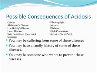Possible Consequences of Acidosis
•Cancer                      •Fibromyalgia
•Alzheimer’s Disease         •Asthma
•Lou Gehrig's Disease        •Diabetes
•Heart Disease               •High Cholesterol
•Skin Conditions (Eczema &   •Arthritis (Joint Pain)
Psoriasis)
 You may be suffering from some of these diseases
 You may have a family history of some of these
  diseases.
 You may be someone who wants to prevent these
  diseases.
 