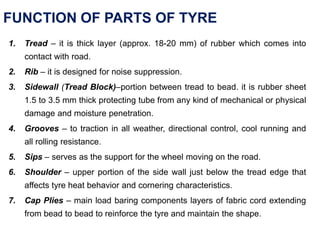 FUNCTION OF PARTS OF TYRE
1. Tread – it is thick layer (approx. 18-20 mm) of rubber which comes into
contact with road.
2. Rib – it is designed for noise suppression.
3. Sidewall (Tread Block)–portion between tread to bead. it is rubber sheet
1.5 to 3.5 mm thick protecting tube from any kind of mechanical or physical
damage and moisture penetration.
4. Grooves – to traction in all weather, directional control, cool running and
all rolling resistance.
5. Sips – serves as the support for the wheel moving on the road.
6. Shoulder – upper portion of the side wall just below the tread edge that
affects tyre heat behavior and cornering characteristics.
7. Cap Plies – main load baring components layers of fabric cord extending
from bead to bead to reinforce the tyre and maintain the shape.
 