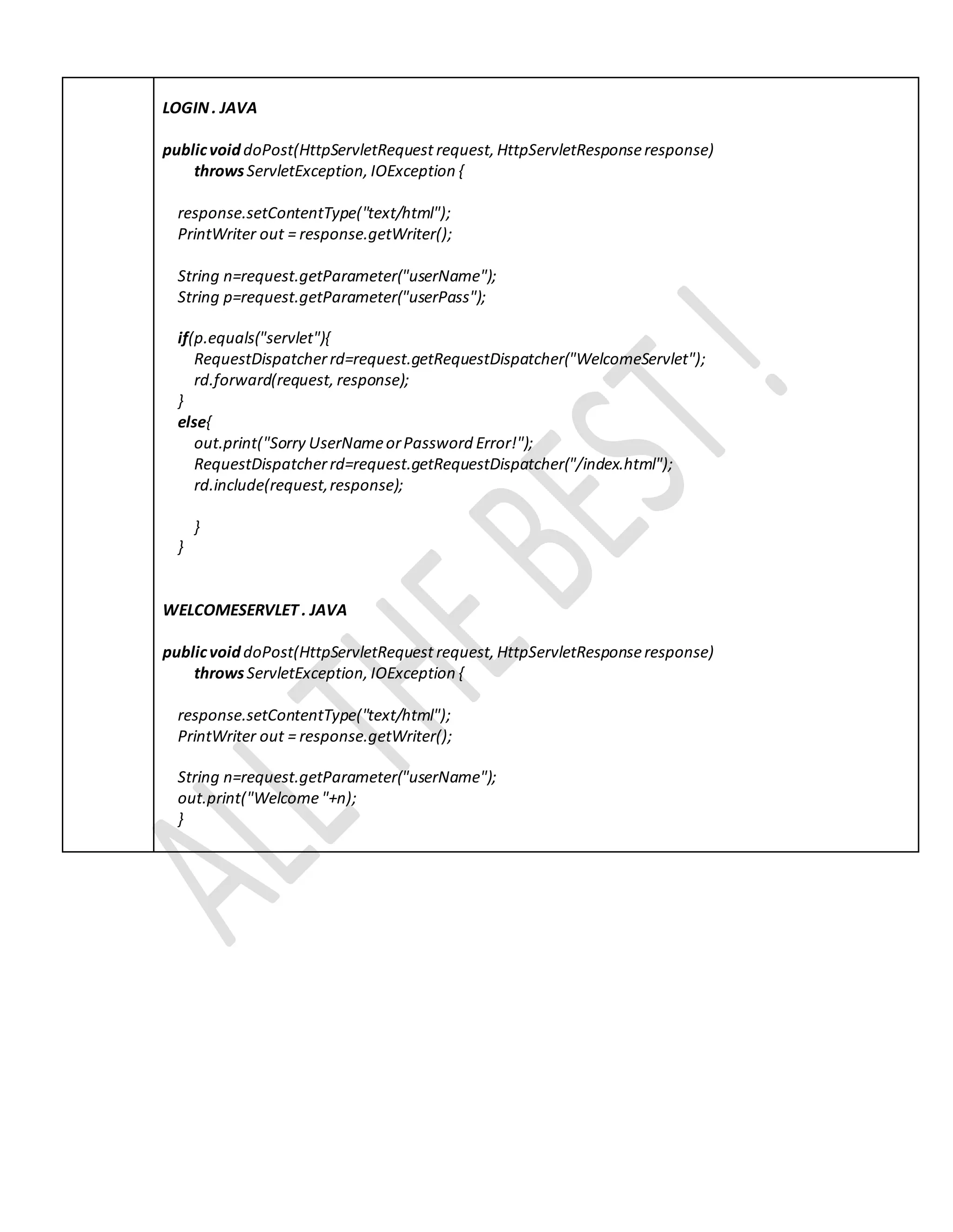 LOGIN . JAVA publicvoiddoPost(HttpServletRequest request, HttpServletResponseresponse) throwsServletException, IOException { response.setContentType("text/html"); PrintWriter out = response.getWriter(); String n=request.getParameter("userName"); String p=request.getParameter("userPass"); if(p.equals("servlet"){ RequestDispatcherrd=request.getRequestDispatcher("WelcomeServlet"); rd.forward(request, response); } else{ out.print("Sorry UserNameorPassword Error!"); RequestDispatcherrd=request.getRequestDispatcher("/index.html"); rd.include(request,response); } } WELCOMESERVLET . JAVA publicvoiddoPost(HttpServletRequest request, HttpServletResponseresponse) throwsServletException, IOException { response.setContentType("text/html"); PrintWriter out = response.getWriter(); String n=request.getParameter("userName"); out.print("Welcome"+n); } 