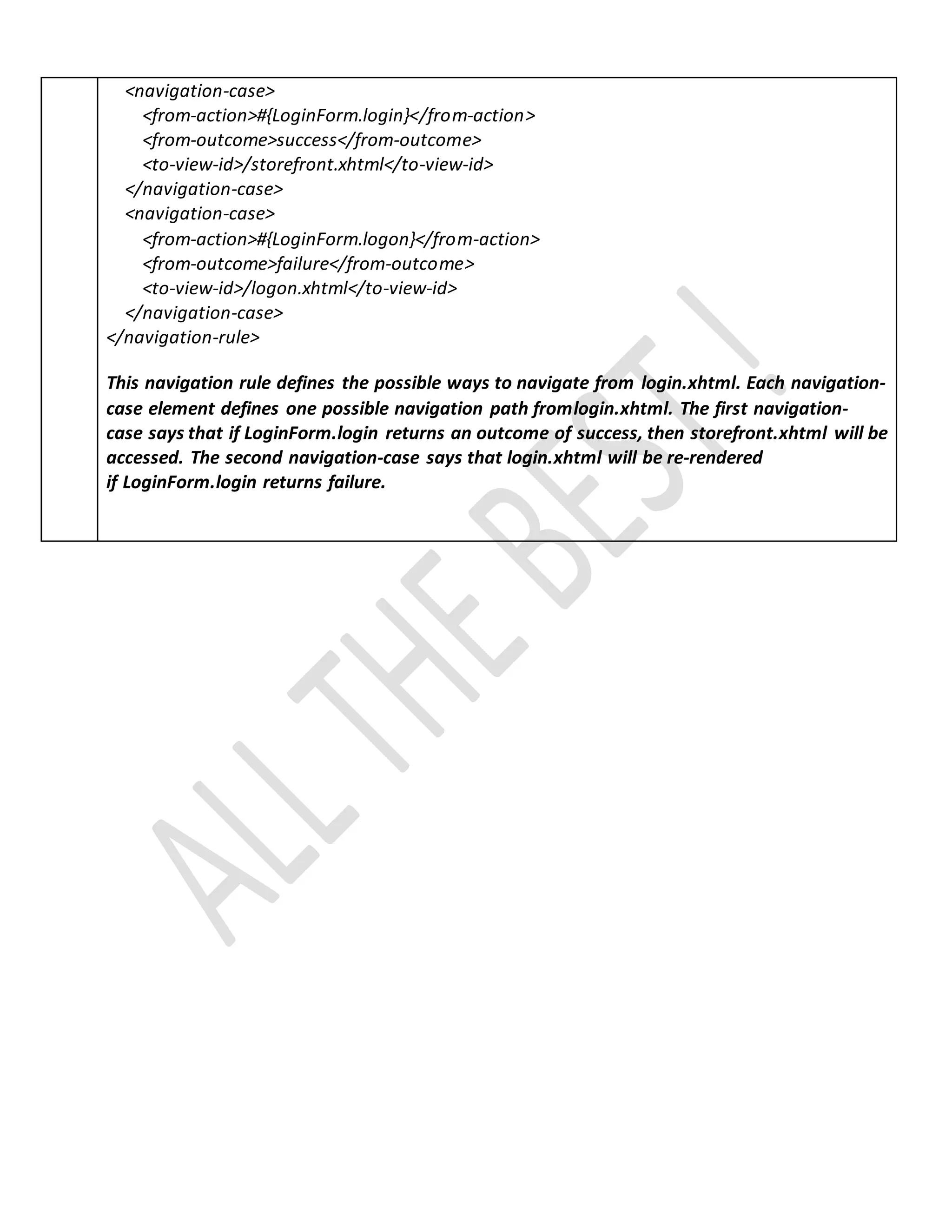 <navigation-case>
<from-action>#{LoginForm.login}</from-action>
<from-outcome>success</from-outcome>
<to-view-id>/storefront.xhtml</to-view-id>
</navigation-case>
<navigation-case>
<from-action>#{LoginForm.logon}</from-action>
<from-outcome>failure</from-outcome>
<to-view-id>/logon.xhtml</to-view-id>
</navigation-case>
</navigation-rule>
This navigation rule defines the possible ways to navigate from login.xhtml. Each navigation-
case element defines one possible navigation path fromlogin.xhtml. The first navigation-
case says that if LoginForm.login returns an outcome of success, then storefront.xhtml will be
accessed. The second navigation-case says that login.xhtml will be re-rendered
if LoginForm.login returns failure.
 