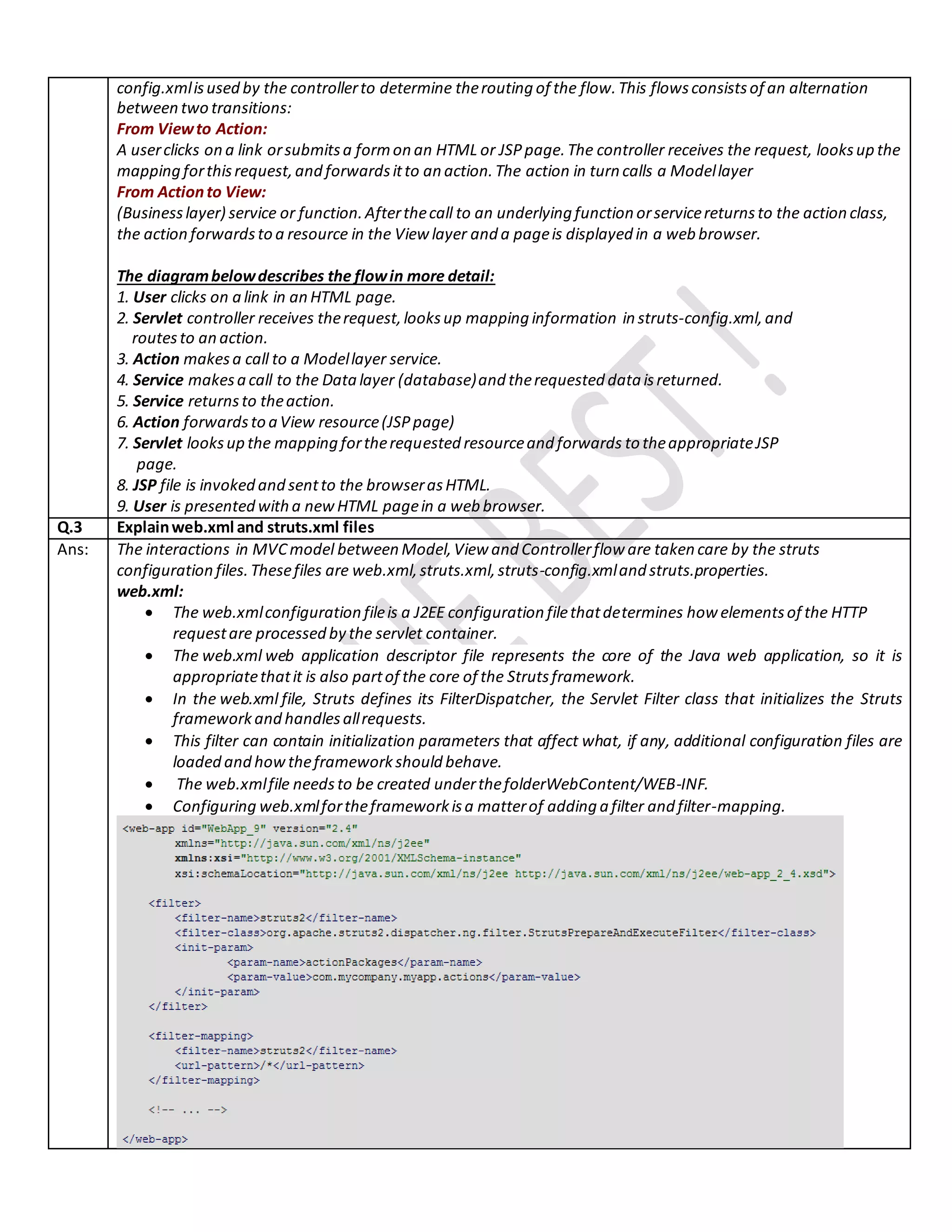 config.xmlisused by the controllerto determine therouting of the flow.This flowsconsistsof an alternation
between two transitions:
From Viewto Action:
A userclicks on a link orsubmitsa formon an HTML or JSPpage.The controller receives the request, looksup the
mapping forthisrequest,and forwardsitto an action.The action in turn calls a Modellayer
From Actionto View:
(Businesslayer) service or function.Afterthecall to an underlying function orservicereturnsto the action class,
the action forwardsto a resource in the View layer and a pageis displayed in a web browser.
The diagrambelowdescribes the flowin more detail:
1. User clicks on a link in an HTML page.
2. Servlet controller receives therequest,looksup mapping information in struts-config.xml,and
routesto an action.
3. Action makesa call to a Modellayer service.
4. Service makesa call to the Datalayer (database)and therequested data isreturned.
5. Service returnsto theaction.
6. Action forwardsto a View resource(JSPpage)
7. Servlet looksup the mapping fortherequested resourceand forwards to theappropriateJSP
page.
8. JSP file is invoked and sentto the browserasHTML.
9. User is presented witha newHTML pagein a web browser.
Q.3 Explainweb.xml and struts.xml files
Ans: The interactions in MVCmodel between Model,View and Controllerflow are taken care by the struts
configuration files.Thesefiles are web.xml,struts.xml,struts-config.xmland struts.properties.
web.xml:
 The web.xmlconfiguration fileis a J2EE configuration filethatdetermines how elementsof the HTTP
requestare processed by the servlet container.
 The web.xml web application descriptor file represents the core of the Java web application, so it is
appropriatethatit is also partof the core of the Strutsframework.
 In the web.xml file, Struts defines its FilterDispatcher, the Servlet Filter class that initializes the Struts
frameworkand handlesallrequests.
 This filter can contain initialization parameters that affect what, if any, additional configuration files are
loaded and howtheframeworkshould behave.
 The web.xmlfile needsto be created underthefolderWebContent/WEB-INF.
 Configuring web.xmlfortheframeworkisa matterof adding a filter and filter-mapping.
 