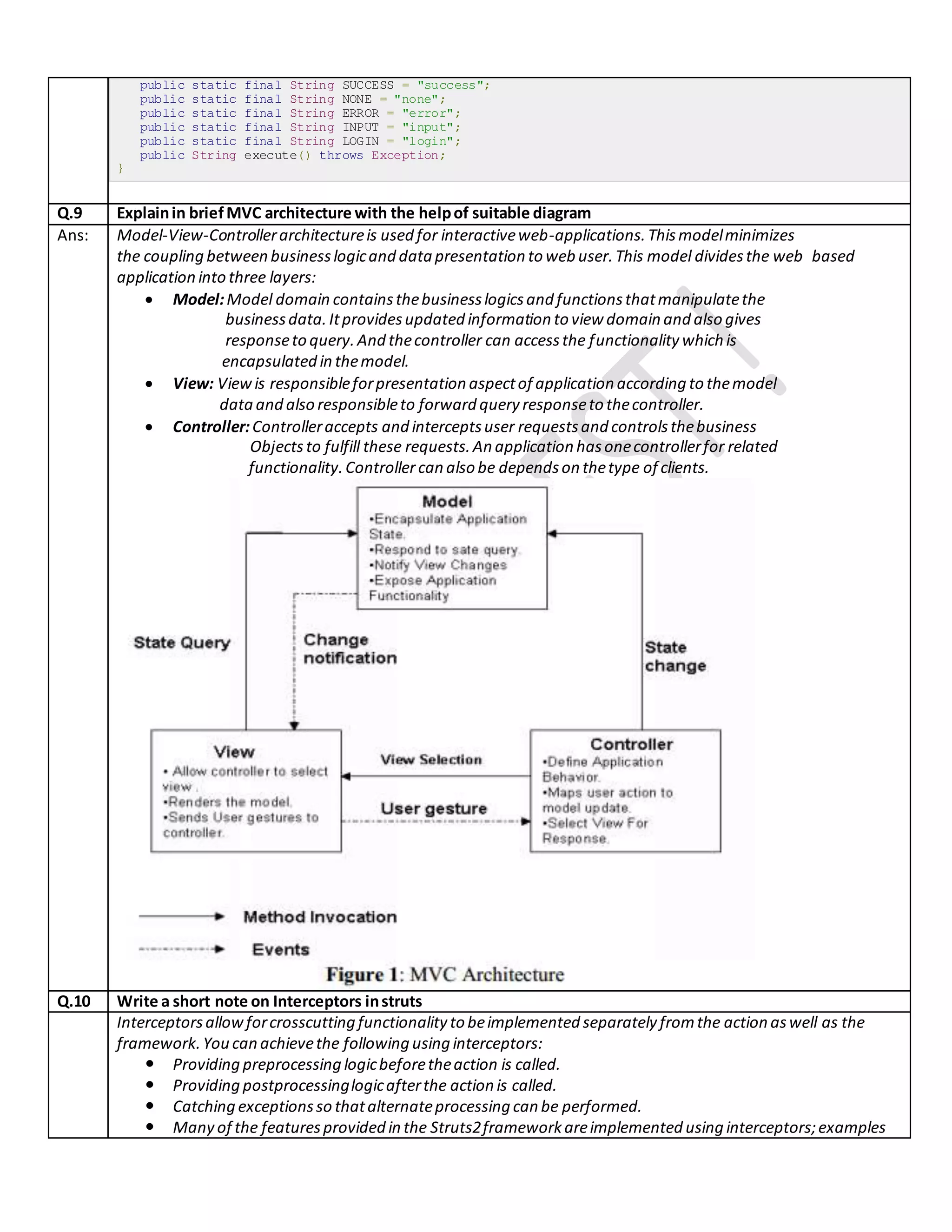 public static final String SUCCESS = "success";
public static final String NONE = "none";
public static final String ERROR = "error";
public static final String INPUT = "input";
public static final String LOGIN = "login";
public String execute() throws Exception;
}
Q.9 Explainin briefMVC architecture with the helpof suitable diagram
Ans: Model-View-Controllerarchitectureis used for interactiveweb-applications.Thismodelminimizes
the coupling between businesslogicand data presentation to web user.This model dividesthe web based
application into three layers:
 Model:Model domain containsthebusinesslogicsand functionsthatmanipulatethe
businessdata.Itprovidesupdated information to view domain and also gives
responseto query.And thecontroller can accessthe functionality which is
encapsulated in themodel.
 View: Viewis responsibleforpresentation aspectof application according to themodel
dataand also responsibleto forward query responseto thecontroller.
 Controller:Controlleraccepts and interceptsuser requestsand controlsthebusiness
Objectsto fulfill these requests.An application hasonecontrollerfor related
functionality.Controllercan also be dependson thetype of clients.
Q.10 Write a short note on Interceptors instruts
Interceptorsallowforcrosscutting functionality to beimplemented separately fromthe action aswell as the
framework.You can achievethe following using interceptors:
 Providing preprocessing logicbeforetheaction is called.
 Providing postprocessinglogicafterthe action is called.
 Catching exceptionsso thatalternateprocessing can be performed.
 Many of the featuresprovided in the Struts2frameworkareimplemented using interceptors;examples
 