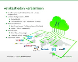 Copyright © 2014 www.viidakko.fi
Asiakastiedon kerääminen
Tavoitteena luoda yhtenäinen tietokanta kaikesta
asiakasdatasta.
Asiakashallintajärjestelmä, CRM
Kontaktitiedot
Transaktiohistoria (ostot, tapaamiset, puhelut)
Markkinointikanavat
Uutiskirjeet (saadut viestit, avaukset, klikkaukset)
Bannerit (näytöt, klikkaukset)
Verkkosivustot
Käynnit sivustolla, blogit
Lataukset (videot, oppaat)
Sosiaalinen media
 