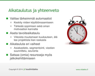 Copyright © 2014 www.viidakko.fi
Aikataulutus ja yhteenveto
Valitse tärkeimmät automaatiot
Keskity niiden käyttöönsaamiseen
Tärkeää oppimisen sekä oman
motivaation kannalta
Aseta tavoiteaikataulu
Viikoista muutamaan kuukauteen, älä
tee projektista liian raskasta
Aikatauluta eri vaiheet
Asiakastieto, segmentointi, viestien
suunnittelu, seuranta
Satsaa (omia) resursseja myös
jatkokehittämiseen
 