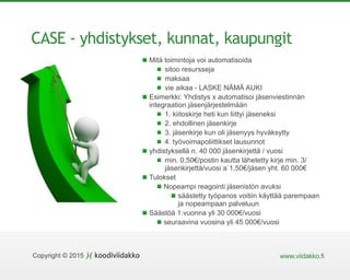www.viidakko.fiCopyright © 2015
CASE - yhdistykset, kunnat, kaupungit
Mitä toimintoja voi automatisoida
sitoo resursseja
maksaa
vie aikaa - LASKE NÄMÄ AUKI
Esimerkki: Yhdistys x automatisoi jäsenviestinnän
integraation jäsenjärjestelmään
1. kiitoskirje heti kun liittyi jäseneksi
2. ehdollinen jäsenkirje
3. jäsenkirje kun oli jäsenyys hyväksytty
4. työvoimapoliittikset lausunnot
yhdistyksellä n. 40 000 jäsenkirjettä / vuosi
min. 0,50€/postin kautta lähetetty kirje min. 3/
jäsenkirjettä/vuosi a`1,50€/jäsen yht. 60 000€
Tulokset
Nopeampi reagointi jäsenistön avuksi
säästetty työpanos voitiin käyttää parempaan
ja nopeampaan palveluun
Säästöä 1.vuonna yli 30 000€/vuosi
seuraavina vuosina yli 45 000€/vuosi
 