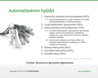 www.viidakko.fiCopyright © 2015
Twiittaa: #somemau @viidakko @piahakola
Automatisoinnin hyödyt
1. Enemmän oleellista kommunikaatiota (83%).
1.1. Automaatiotyökalun avulla voidaan kuunnella
asiakassignaaleja monikanavaisesti
2. Lisää asiakkaiden sitoutumista (76%).
3. Oikea-aikaista kommunikaatiota (73%).
3.1. Ennaltamääritettyihin signaaleihin perustuvat
trigger-viestit mahdollistavat yksilöllisen
viestinnän, joka tarjoaa kiinnostavan sisällön
oikealla hetkellä
3.2. Automaatio työkalu tunnistaa milloin on
otollinen hetki aloittaa viestiketju ja milloin
ostoikkuna avautuu
4. Nostaa lisämyyntiä (65%).
5. Kasvattaa liikevaihtoa (57%)
6. Säästää aikaa (56%).
Source: Email Marketing Industry Census 2014, 1,100 email marketers
 