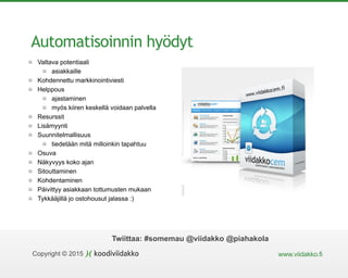 Copyright © 2015 www.viidakko.fi
Twiittaa: #somemau @viidakko @piahakola
Automatisoinnin hyödyt
Valtava potentiaali
asiakkaille
Kohdennettu markkinointiviesti
Helppous
ajastaminen
myös kiiren keskellä voidaan palvella
Resurssit
Lisämyynti
Suunnitelmallisuus
tiedetään mitä milloinkin tapahtuu
Osuva
Näkyvyys koko ajan
Sitouttaminen
Kohdentaminen
Päivittyy asiakkaan tottumusten mukaan
Tykkääjillä jo ostohousut jalassa :)
 
