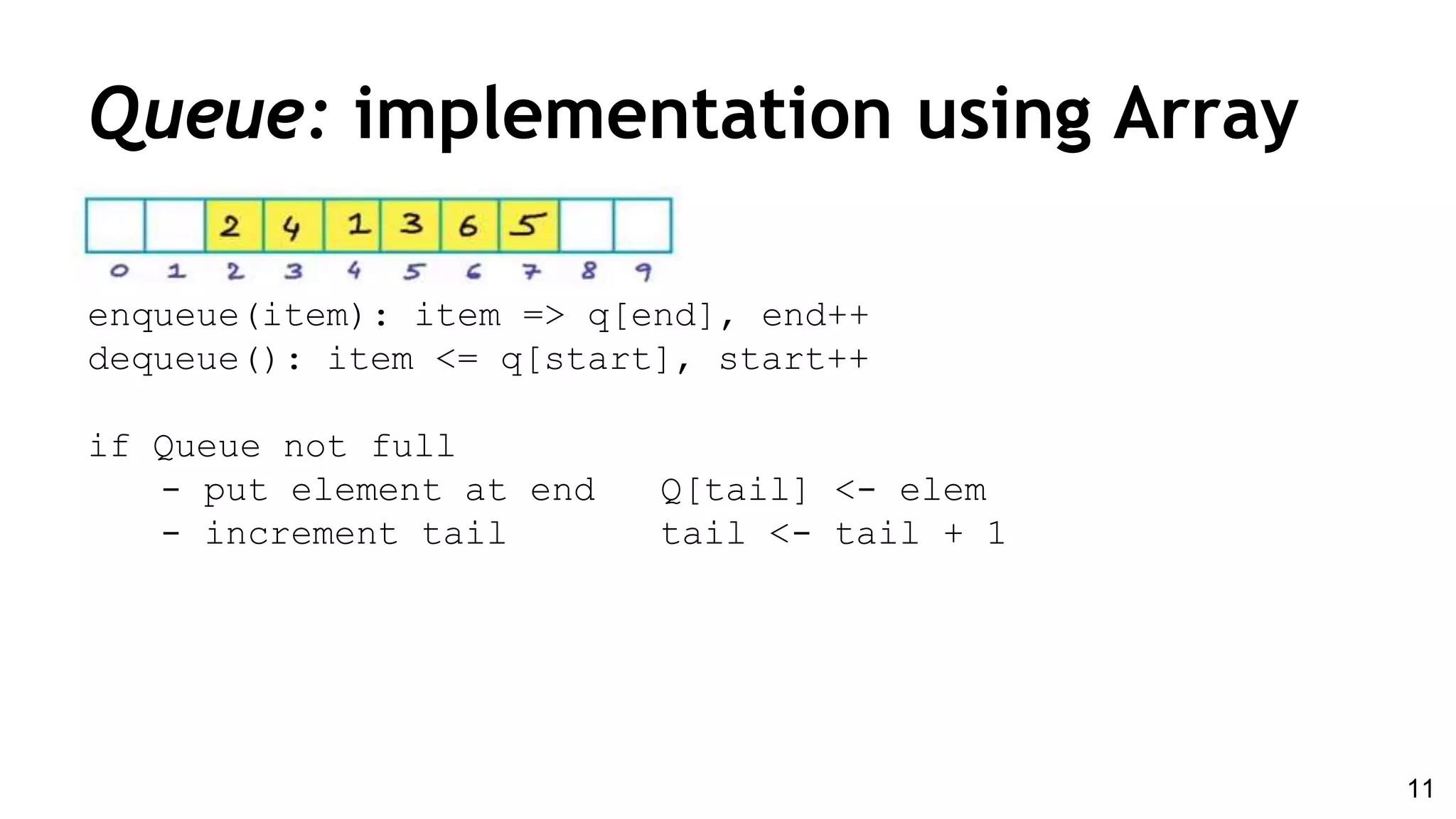 Queue: implementation using Array
enqueue(item): item => q[end], end++
dequeue(): item <= q[start], start++
if Queue not full
- put element at end Q[tail] <- elem
- increment tail tail <- tail + 1
11
 