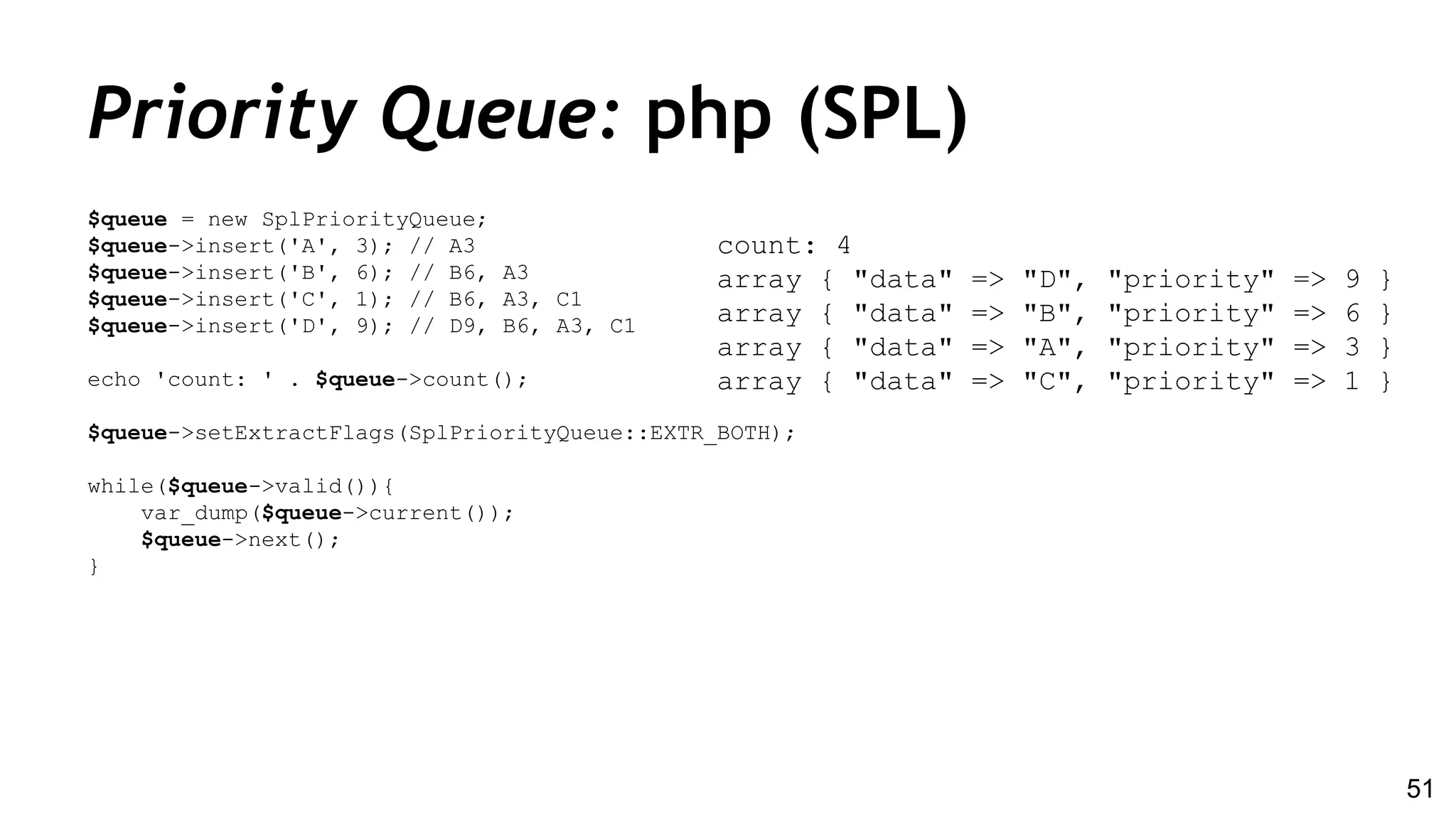count: 4
array { "data" => "D", "priority" => 9 }
array { "data" => "B", "priority" => 6 }
array { "data" => "A", "priority" => 3 }
array { "data" => "C", "priority" => 1 }
$queue = new SplPriorityQueue;
$queue->insert('A', 3); // A3
$queue->insert('B', 6); // B6, A3
$queue->insert('C', 1); // B6, A3, C1
$queue->insert('D', 9); // D9, B6, A3, C1
echo 'count: ' . $queue->count();
$queue->setExtractFlags(SplPriorityQueue::EXTR_BOTH);
while($queue->valid()){
var_dump($queue->current());
$queue->next();
}
Priority Queue: php (SPL)
51
 
