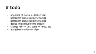 # todo
- php impl of Queue as Linked List
- persistent queue (using 5 stacks)
- persistent queue (using 6 stacks)
- deque impl (double-end queue)
- change rair => tail, start => head, etc
- add gif-animation for algo
2
 