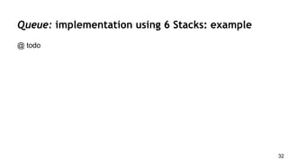 Queue: implementation using 6 Stacks: example
@ todo
32
 