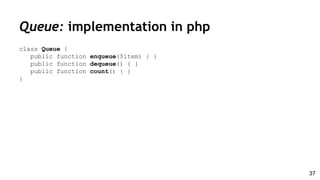 class Queue {
public function enqueue($item) { }
public function dequeue() { }
public function count() { }
}
Queue: implementation in php
37
 