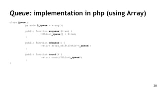 class Queue {
private $_queue = array();
public function enqueue($item) {
$this->_queue[] = $item;
}
public function dequeue() {
return array_shift($this->_queue);
}
public function count() {
return count($this->_queue);
}
}
Queue: implementation in php (using Array)
38
 