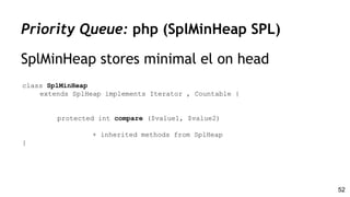 Priority Queue: php (SplMinHeap SPL)
52
class SplMinHeap
extends SplHeap implements Iterator , Countable {
protected int compare ($value1, $value2)
+ inherited methods from SplHeap
}
SplMinHeap stores minimal el on head
 