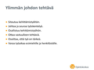 ● Sitoutuu kehittämistyöhön.
● Johtaa ja seuraa työskentelyä.
● Osallistuu kehittämistyöhön.
● Ottaa vastuulleen tehtäviä.
● Osoittaa, että työ on tärkeä.
● Varaa työaikaa esimiehille ja henkilöstölle.
Ylimmän johdon tehtävä
 