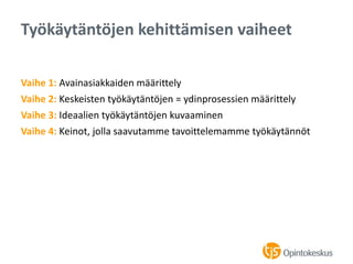 Vaihe 1: Avainasiakkaiden määrittely
Vaihe 2: Keskeisten työkäytäntöjen = ydinprosessien määrittely
Vaihe 3: Ideaalien työkäytäntöjen kuvaaminen
Vaihe 4: Keinot, jolla saavutamme tavoittelemamme työkäytännöt
Työkäytäntöjen kehittämisen vaiheet
 