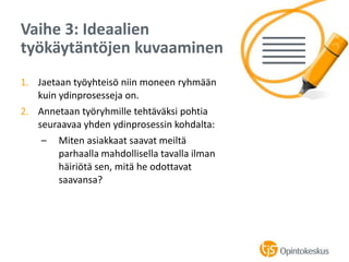 1. Jaetaan työyhteisö niin moneen ryhmään
kuin ydinprosesseja on.
2. Annetaan työryhmille tehtäväksi pohtia
seuraavaa yhden ydinprosessin kohdalta:
– Miten asiakkaat saavat meiltä
parhaalla mahdollisella tavalla ilman
häiriötä sen, mitä he odottavat
saavansa?
Vaihe 3: Ideaalien
työkäytäntöjen kuvaaminen
 