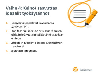 1. Pienryhmät esittelevät kuvaamansa
työkäytännön .
2. Laaditaan suunnitelma siitä, kuinka eniten
kehittämistä vaativat työkäytännöt saadaan
kuntoon.
3. Lähdetään työskentelemään suunnitelman
mukaisesti.
4. Seurataan toteutusta.
Vaihe 4: Keinot saavuttaa
ideaalit työkäytännöt
 