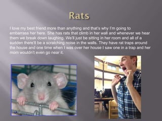 I love my best friend more than anything and that’s why I’m going to
embarrass her here. She has rats that climb in her wall and whenever we hear
them we break down laughing. We’ll just be sitting in her room and all of a
sudden there’ll be a scratching noise in the walls. They have rat traps around
the house and one time when I was over her house I saw one in a trap and her
mom wouldn’t even go near it.
 