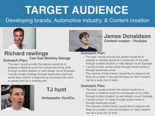 Developing brands, Automotive industry, & Content creation
TARGET AUDIENCE
Richard rawlings
Outreach Plan:
• The task I would provide this person would do to
prepare a meeting would be a showcase of my skills
through content creation or web design via an Example.
• I would contact rawlings through bussiness email and
would likey wait for a response as he would li,ley want
to gauge who he is working with.
Ceo Gas Monkey Garage
James Donaldson
Outreach Plan:
• The task I would provide this person would do to
prepare a meeting would be a showcase of my skills
through content creation or web design via an Example.
• I would contact James Likely through social media or
through businness email
• The manner of time frame I would like to respond will
likely be a week or two just because co ntent creation
can be a busy line of work.
PROFILE
PICTURE
Content creator - Youtube
TJ hunt
Outreach Plan:
• The task I would provide this person would do to
prepare a meeting would be a showcase of my skills
through content creation or web design via an Example.
• I would contact TJ Likely through social media or
through businness email
• The manner of time frame I would like to respond will
likely be a week or two just because co ntent creation
can be a busy line of work.
PROFILE
PICTURE
Ambasador HuntCo.
 