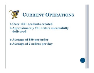 CURRENT OPERATIONS
  Over 150+ accounts created
  Approximately 70+ orders successfully
   delivered

  Average of $80 per order
  Average of 2 orders per day
 