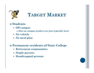 TARGET MARKET
  Students
      Off campus
           Also on campus (orders are just typically less)
      No vehicle
      No meal plan


  Permanent          residents of State College
      Retirement communities
      Single parents
      Handicapped persons
 