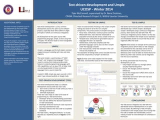 Test-driven development and Umple
UCOSP - Winter 2014
Tyler McConnell, supervised by Dr. Nora Znotinas,
CP494: Directed Research Project II, Wilfrid Laurier University
INTRODUCTION TESTING IN UMPLE
This poster has been completed as part of
the requirements for the course CP494:
Directed Research Project II. For my
directed research project, I have had the
privilege of partaking in the
Undergraduate Capstone Open-Source
Projects (UCOSP) program.
Through this program, I have worked on
the open-source software project Umple
with a distributed team of software
developers from universities all over the
world. The UCOSP program has provided
me with real-world development
experience and has introduced me to the
challenges of software development with
a distributed team.
Anyone interested in the UCOSP program
should contact the Physics & Computer
Science faculty office for more
information.
ADDITIONAL INFO
Test-driven development (TDD) is a software
development process with two main rules:
1. Don’t write a new line of code unless you have a
failing automated test.
2. Eliminate duplication.
These two rules imply an order to the tasks of
programming in a TDD environment:
• Developer writes an (initially failing) automated
test case that defines the desired improvement
or new functionality
• Developer writes the minimum code required to
pass the automated test case
• Developer refactors the new code to acceptable
standards
The TDD mantra, “Red/green/refactor” is visually
depicted as a repetitive process in Figure 1 to the
right.
Test-driven development is a very common
development process for open-source software
projects, especially those which adhere to Agile
principles or which use continuous integration.
All development for the open-source UML
programming language, Umple, is done using TDD
principles. This decision leads to more manageable,
understandable code.
There are several levels of testing in the Umple compiler.
Testing also exists for all of the non-compiler
components. The primary levels of compiler testing are:
• Parser tests: verify that a construct parses correctly
• Metamodel tests: check that the metamodel is
populated correctly by the various umple constructs
• Template tests: verify that the generated output in
languages like Java is as expected
• Testbed tests: verify that compiled code that
generates languages such as Java can then compile
under the language compiler
• User manual tests: verify that examples in the user
manual can properly run
The separation of testing levels comes naturally from the
hierarchal components of Umple’s architecture.
Figure 2 shows some code snippets from the Umple
code base. ConstraintTest exists at the metamodel level.
TDD works harmoniously with the collaborative and
distributed way in which Umple is developed.
Umple is developed using a continuous integration
process, which works very well with TDD. The
continuous integration process makes it so that any
changes committed to the Umple source repository
are immediately tested to ensure that they do not
negatively effect the build.
Figure 3 below shows an example of the continuous
integration process which relies on TDD. Changes
are committed to the code base until an error is
detected by the build process. Once an error is
detected, action must be taken to resolve that error
before any other new commits can be integrated
into the source repository.
By writing automated tests first during
development, we can:
• Fully imagine and plan our changes before
actually implementing them
• Ensure the changes produce expected
behaviours
• Ensure the changes don’t affect other areas of
the source code
• Potentially catch errors which we may have
missed without tests
TDD & UMPLE
CONCLUSIONS
The TDD process integrates very well with the
distributed nature of development on an open-
source project. By adhering to TDD principles,
contributors to the Umple project are ensuring that
the code is reliable and maintainable, and are
making it easier for new developers to contribute in
the future.
Figure 3. Example of continuous integration and test-driven development relationship.
Figure 1. Visual depiction of order of TDD tasks.
TEST-DRIVEN DEVELOPMENT (TDD)
UMPLE
Umple is a language used for both object-oriented
programming and modeling with class and state
diagrams.
The name Umple is a portmanteau of “UML”,
“ample”, and “programming language”. This is
meant to convey that Umple provides ample
features to extend programming languages with
UML capabilities, such as Java, PHP, or Ruby. Code
can also be generated in these mentioned
languages from a source Umple file.
Created in 2008, Umple was open-sourced in 2011
when it was released publicly on Google Code.
/*
* A pared-down Constraint object
*/
class Constraint {
isA CodeBlock;
format = "allParameterClosed";
String inject = "";
CodeTranslator gen = null;
boolean negated = false;
String code = { StringFormatter.format(getGen().translate(
(getNegated()?"Not":"")+getFormat(),this),
getInject())};
}
public class ConstraintTest {
Constraint constraint;
@Before
public void setUp() {
constraint = new Constraint();
constraint.addExpression(new ConstraintVariable("ATTRIBUTE","foo"));
constraint.setInject("bar");
}
@Test
public void getCode_javaGen() {
constraint.setGen(new JavaGenerator());
String expected = "if (foo)n{n barn}";
assertEquals(expected, constraint.getCode());
}
@Test
public void getCode_rubyGen() {
constraint.setGen(new RubyGenerator());
String expected = "if @foo thenn barnend";
assertEquals(expected, constraint.getCode());
}
…
}
Figure 2. Example Constraint.ump file
and its corresponding test class.
 