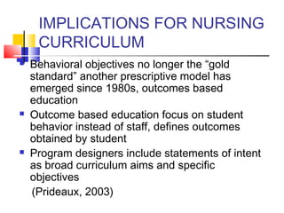 IMPLICATIONS FOR NURSING
     CURRICULUM
   Behavioral objectives no longer the “gold
    standard” another prescriptive model has
    emerged since 1980s, outcomes based
    education
   Outcome based education focus on student
    behavior instead of staff, defines outcomes
    obtained by student
   Program designers include statements of intent
    as broad curriculum aims and specific
    objectives
    (Prideaux, 2003)
 