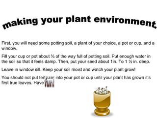 making your plant environment. First, you will need some potting soil, a plant of your choice, a pot or cup, and a window. Fill your cup or pot about ¾ of the way full of potting soil. Put enough water in the soil so that it feels damp. Then, put your seed about 1in. To 1 ½ in. deep. Leave in window sill. Keep your soil moist and watch your plant grow! You should not put fertilizer into your pot or cup until your plant has grown it’s first true leaves. Have  fun! 