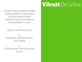 Vihreä työllisyysohjelma tähtää
työllisyysasteen nostamiseen
pohjoismaiselle tasolle  
kolmeen osaan ryhmiteltyjen
toimenpiteiden avulla.
1. 
Tulkoon rakennemuutos!
2. 
Vihreässä työelämässä on  
tilaa kaikille
3. 
Elinvoimaisen yritystoiminnan
Suomi
 