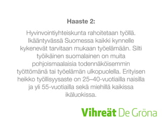 Haaste 2:
Hyvinvointiyhteiskunta rahoitetaan työllä.
Ikääntyvässä Suomessa kaikki kynnelle
kykenevät tarvitaan mukaan työelämään. Silti
työikäinen suomalainen on muita
pohjoismaalaisia todennäköisemmin
työttömänä tai työelämän ulkopuolella. Erityisen
heikko työllisyysaste on 25–40-vuotiailla naisilla
ja yli 55-vuotiailla sekä miehillä kaikissa
ikäluokissa.
 