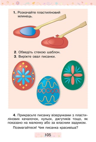 105
4. Прикрасьте писанку візерунками з пласти­
лінових качалочок, кульок, джгутиків тощо, як
показано на малюнку або за власним задумом.
Позмагайтеся! Чия писанка красивіша?
2. Обведіть стекою шаблон.
3. Виріжте овал писанки.
1. Розкачайте пластиліновий
млинець.
 