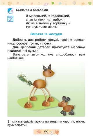 59
Спільно з батьками
Я маленький, я гладенький,
впав із гілки на горбок.
Як не візьмеш у торбинку –
тут шумітиме лісок.
Звірята із жолудів
Доберіть для роботи жолуді, насіння со­няш­
нику, соснові голки, гілочки.
Для кріплення деталей приготуйте маленькі
пластилінові кульки.
Виготовте звірятко, яке сподобалося вам
най­більше.
З яких матеріалів можна виготовити хвостик, ніжки,
вуха звіряти?
 