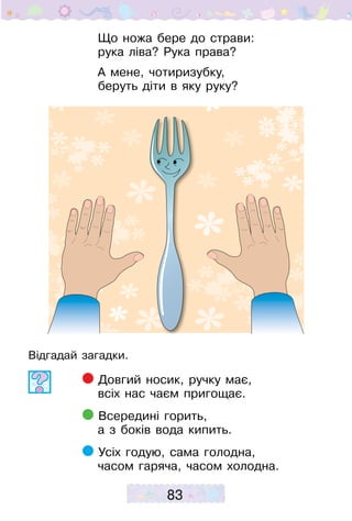 83
Відгадай загадки.
Довгий носик, ручку має,
всіх нас чаєм пригощає.
Всередині горить,
а з боків вода кипить.
Усіх годую, сама голодна,
часом гаряча, часом холодна.
Що ножа бере до страви:
рука ліва? Рука права?
А мене, чотиризубку,
беруть діти в яку руку?
 
