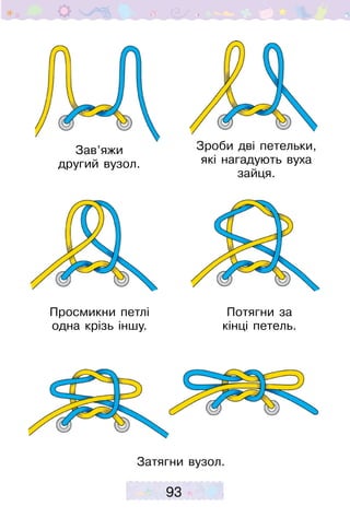 93
Зав’яжи
другий вузол.
Зроби дві петельки,
які нагадують вуха
зайця.
Затягни вузол.
Просмикни петлі
одна крізь іншу.
Потягни за
кінці петель.
 