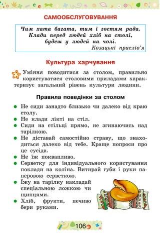 106
САМООБСЛУГОВУВАННЯ
Чим хата багата, тим і гостям рада.
Клади перед людей хліб на столі,
будеш у людей на чолі.
Козацькі прислів’я
Культура харчування
	Уміння поводитися за столом, правильно
користуватися столовими приладами харак-
теризує загальний рівень культури людини.
Правила поведінки за столом
	 Не сиди занадто близько чи далеко від краю
столу.
	 Не клади лікті на стіл.
	 Сиди на стільці прямо, не згинаючись над
тарілкою.
	 Не діставай самостійно страву, що знахо-
диться далеко від тебе. Краще попроси про
це сусіда.
	 Не їж поквапливо.
	 Серветку для індивідуального користування
поклади на коліна. Витирай губи і руки па-
перовою серветкою.
	 Їжу на тарілку накладай
спеціальною ложкою чи
щипцями.
	 Хліб, фрукти, печиво
бери руками.
 