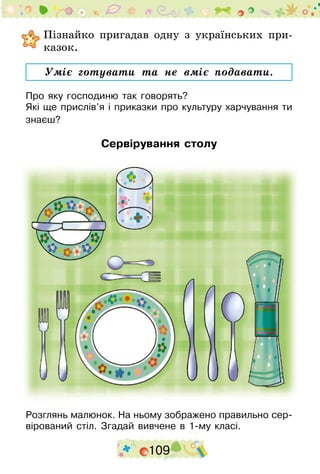 109
	Пізнайко пригадав одну з українських при-
казок.
Уміє готувати та не вміє подавати.
Про яку господиню так говорять?
Які ще прислів’я і приказки про культуру харчування ти
знаєш?
Сервірування столу
Розглянь малюнок. На ньому зображено правильно сер-
вірований стіл. Згадай вивчене в 1-му класі.
 