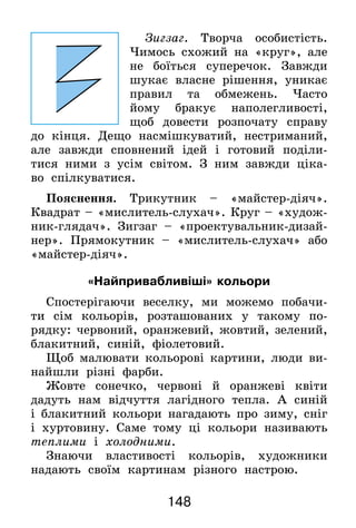 148
Зигзаг. Творча особистість.
Чимось схожий на «круг», але
не боїться суперечок. Завжди
шукає власне рішення, уникає
правил та обмежень. Часто
йому бракує наполегливості,
щоб довести розпочату справу
до кінця. Дещо насмішкуватий, нестриманий,
але завжди сповнений ідей і готовий поділи-
тися ними з усім світом. З ним завжди ціка-
во спілкуватися.
Пояснення. Трикутник – «майстер-діяч».
Квадрат – «мислитель-слухач». Круг – «худож­
ник-глядач». Зигзаг – «проектувальник-дизай­
нер». Прямокутник – «мислитель-слухач» або
«майстер-діяч».
«Найпривабливіші» кольори
Спостерігаючи веселку, ми можемо побачи-
ти сім кольорів, розташованих у такому по-
рядку: червоний, оранжевий, жовтий, зелений,
блакитний, синій, фіолетовий.
Щоб малювати кольорові картини, люди ви-
найшли різні фарби.
Жовте сонечко, червоні й оранжеві квіти
дадуть нам відчуття лагідного тепла. А синій
і блакитний кольори нагадають про зиму, сніг
і хуртовину. Саме тому ці кольори називають
теплими і холодними.
Знаючи властивості кольорів, художники
надають своїм картинам різного настрою.
 