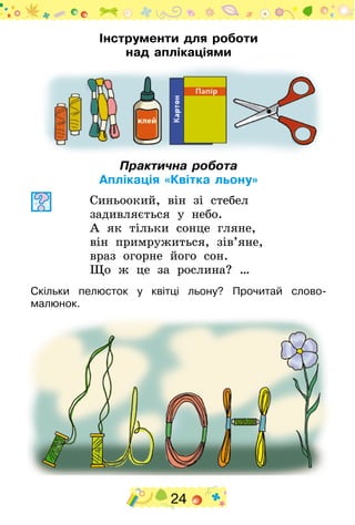 24
Інструменти для роботи
над аплікаціями
Практична робота
Аплікація «Квітка льону»
Синьоокий, він зі стебел
задивляється у небо.
А як тільки сонце гляне,
він примружиться, зів’яне,
враз огорне його сон.
Що ж це за рослина? …
Скільки пелюсток у квітці льону? Прочитай слово-
малюнок.
 