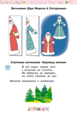 88
Витинанки Діда Мороза й Снігуроньки
Стрічкова витинанка «Хоровод ялинок»
В неї гарні, пишні віти
і колючок не злічити.
Не байдужа до прикрас,
на свята спішить до нас.
Виготов витинанку з ялинками.
 