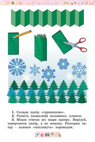 89
1.  Склади папір «гармошкою».
2.  Розміть (намалюй) половинку ялинки.
3.  Міцно стисни всі шари паперу. Вирізуй,
повертаючи папір, а не ножиці. Розгорни па-
пір – ялинки «попливуть» хороводом.
 